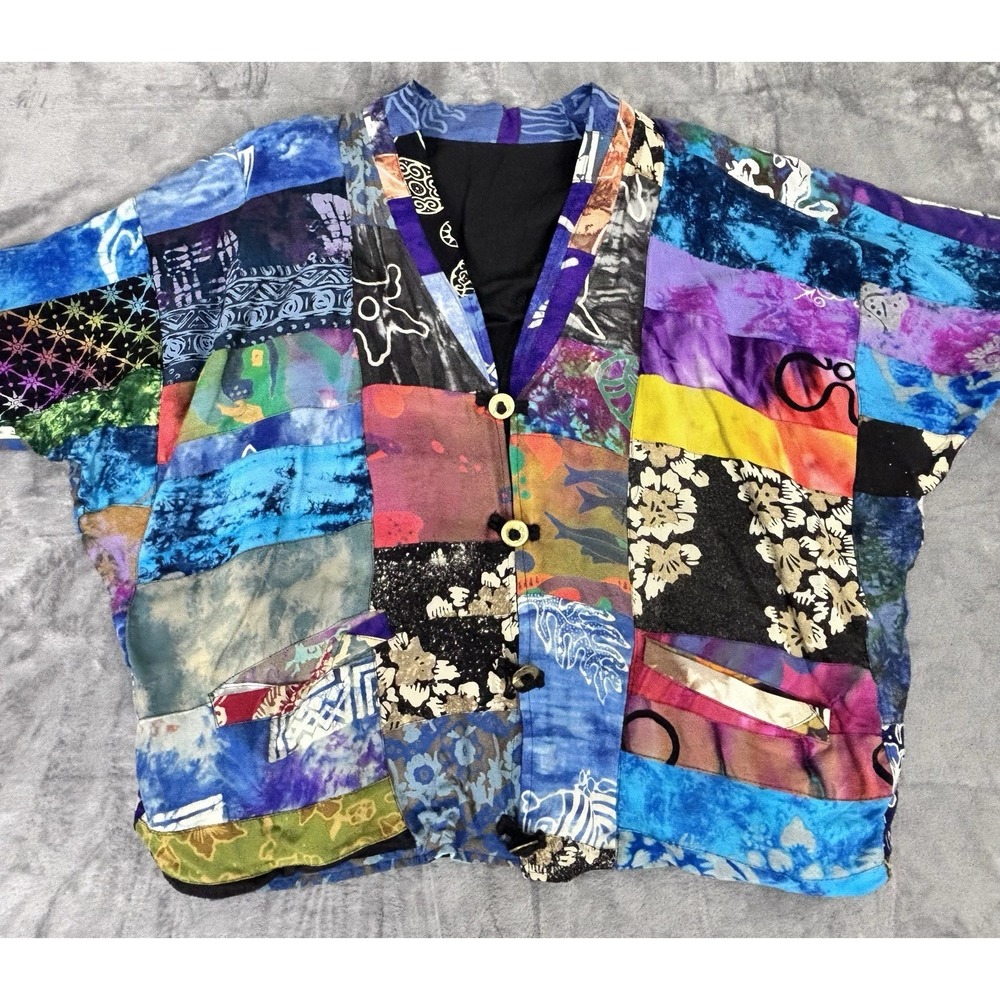 Vintage 80s Patchwork Rayon Batwing Jacket One Size Boho Art To Wear - Picture 2 of 12